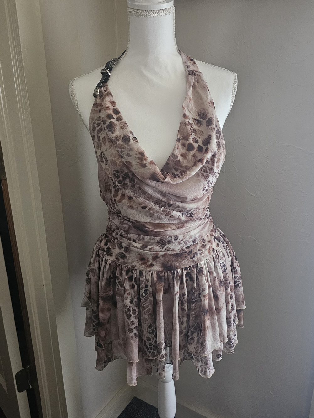 LA Express Halter Cowl-Neck Mini Dress in Light Taupe Animal Print